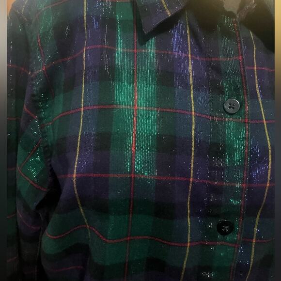 Vtg Y2K Metallic Plaid Button Front Festive Preppy Glam Holiday Blouse 14/16 - Picture 2 of 7